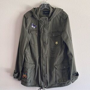 BNCI Women’s Olive Green Hooded Military Style Jacket with Patches Size XL